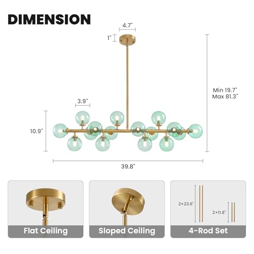 Mid Century Modern Gold Chandelier with Green Glass Rectangle Pendant Fixtures Linear Sputnik Chandeliers for Kitchen Island Dining Room Over Table