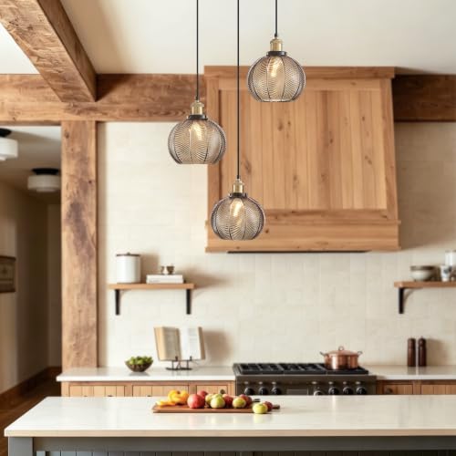 3 Light Vintage Amber Striped Glass Cluster Pendant Light