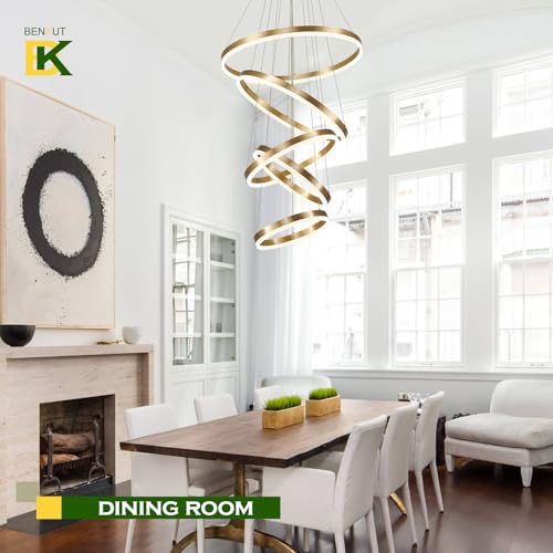5 Rings Modern LED Chandelier Gold High Ceiling Chandelier with Remote Control Dimmable Pendant Lighting for Dining Room Foyer Living Room Entryway Staircase