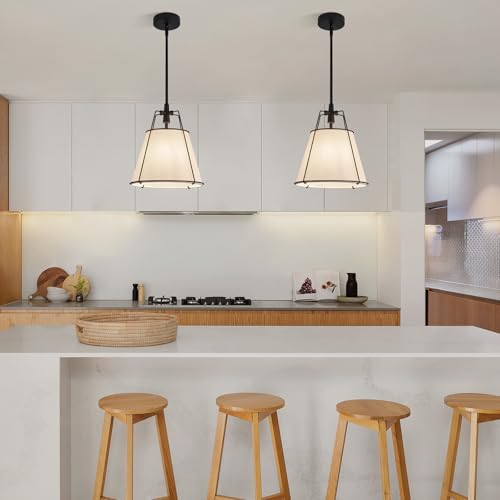 Modern Pendant Light Fixtures with 12" White Linen Fabric Shade