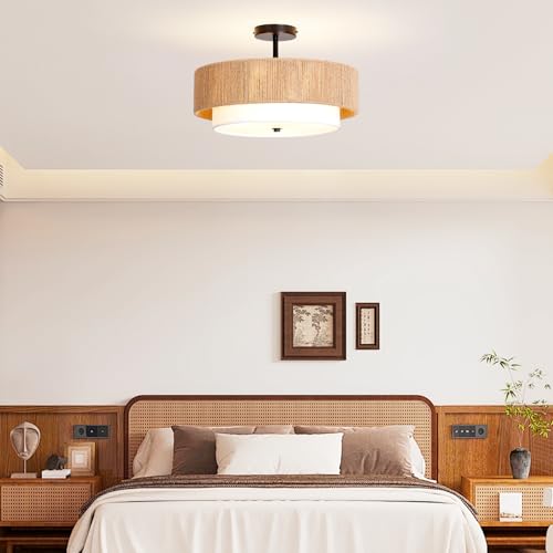 Boho Rattan semi Flush Mount Ceiling Light