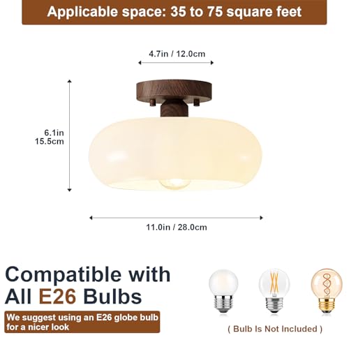 Mid Century Modern Faux Walnut Wood Semi Flush Ceiling Light 11.0 Inch