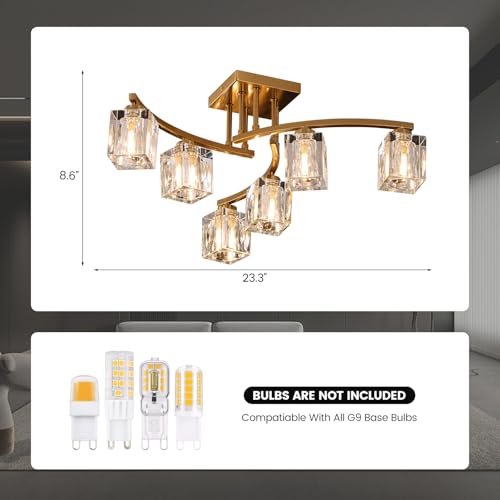 6 Lights Semi Flush Mount Ceiling Light Black and Gold Ceiling Fixture Farmhouse Dining Room Light Fixture with K9 Crystal Shades Modern Chandelier for Living Room Bedroom Entryway