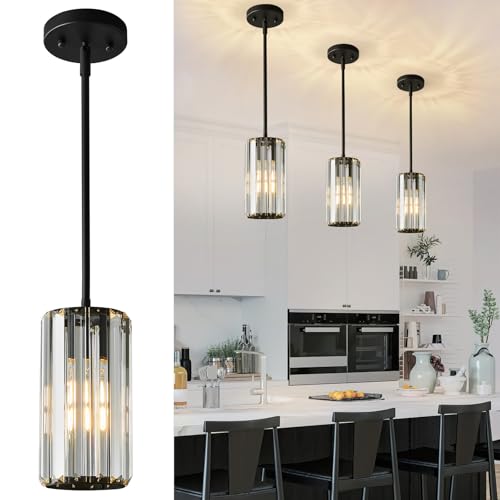 Black Pendant Lighting Modern Pendant Light Mini Crystal Chandeliers Adjustable Pendant Light Fixture for Kitchen Island Dinning Room Corridor Bedroom (3 Count)