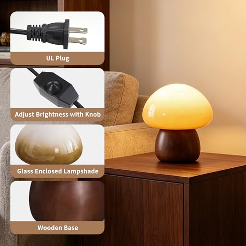 Wooden Base Small Table Lamp for Bedroom 60W Mushroom Table Lamps Gradient Colored Glass Shade Modern Side Table and Desk Lighting H 8.07 in