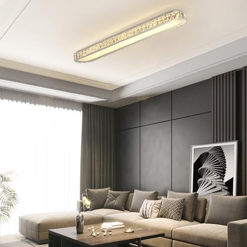 Dimmable LED Ceiling Light 39.4'' Kitchen Lighting Fixtures Ceiling Modern Luxury Crystal Ceiling Light with Remote Chrome Long Ceiling Light Fixture for Kitchen Dining Room Hallway