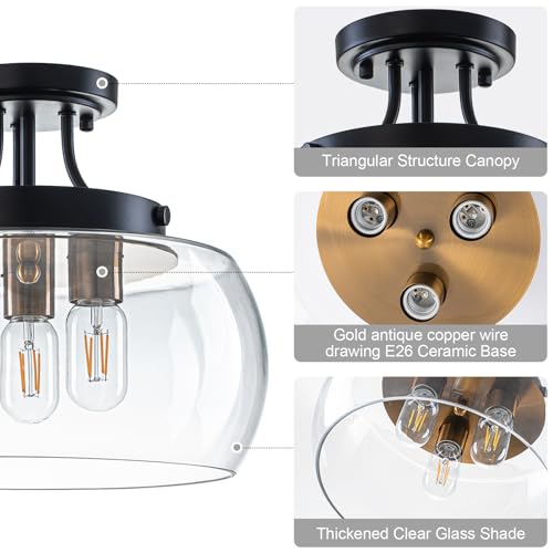 13.78" Black and Gold Semi Flush Mount Ceiling Light Fixture