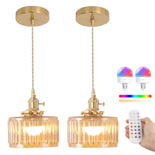 Battery Operated Pendant Light 5000mAh Rechargeable Chandelier with Remote Control Wireless Adjustable Hanging Amber Striped Light for Kitchen Island Dining Room Hallway (2 Count)