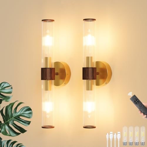 Gold Walnut Battery Operated Wall Sconces Set of 2