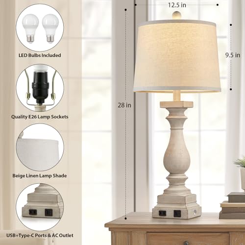 28" Tall Farmhouse Table Lamps with USB C+A Ports and AC Outlet