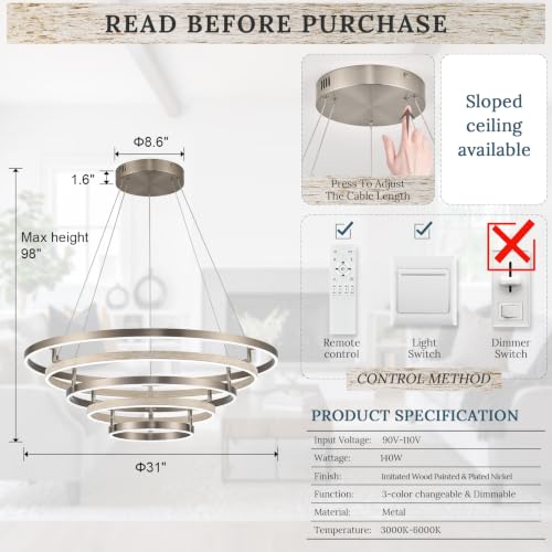 5 Ring LED Chandelier Modern Chandelier Weathered Wood Nickel Dimmable 31''