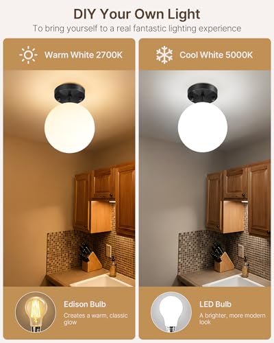 Semi Flush Mount Ceiling Light 6" Globe Mid Century Modern Light Fixture Milk Glass with Matte Black Finish Light Fixtures for Hallway Entryway Kitchen Island Closet Laundry Bathroom