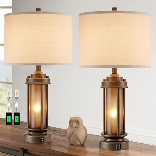 Set of 2 Farmhouse Table Lamps with 2 USB C+A Ports (2 Count)