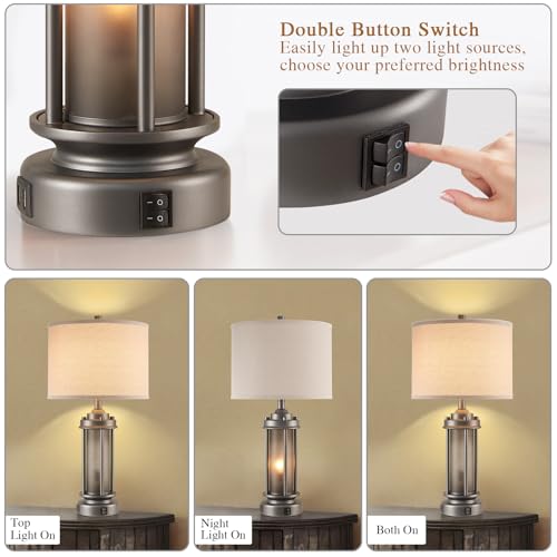 Set of 2 Farmhouse Bedroom Table Lamps with 2 USB C+A Ports (2 Count)
