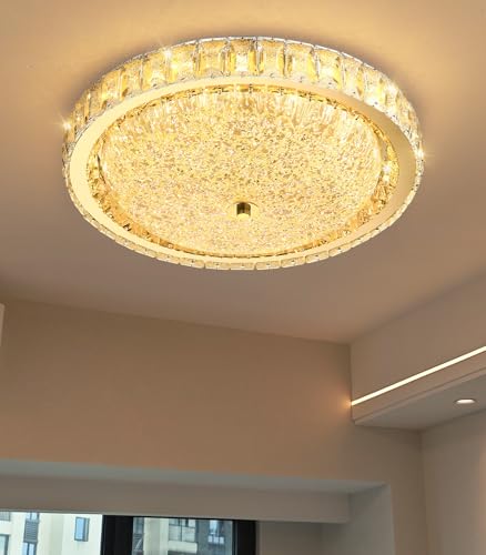15.7" Modern Crystal Chandelier Dimmable LED Flush Mount Ceiling Light with Remote Control for Living Room Dining Room Bedroom Hallway Foyer Gold