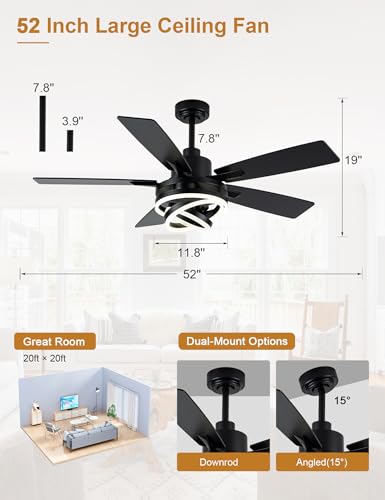 52" Black Modern Chandelier Ceiling Fan with Lights