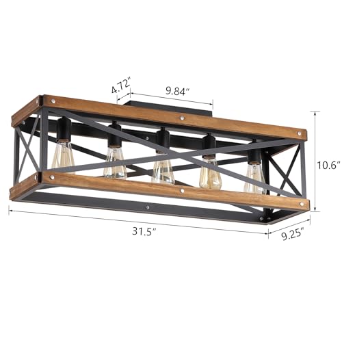 5 Light Large Rustic Farmhouse Wood Flush Mount Ceiling Light Fixture 31.5 inch Oak Wood and Metal Rectangular Track Semi Flush Mount Ceiling Light for Kitchen Living Room Bedroom Indoor
