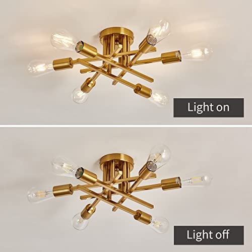 6 Lights Semi Flush Mount Ceiling Light Fixture Gold Modern Matte Sputnik Chandelier Vintage Ceiling Lamp Farmhouse for Kitchen Bedroom Dining Room Living Room with E26 Bulb Base