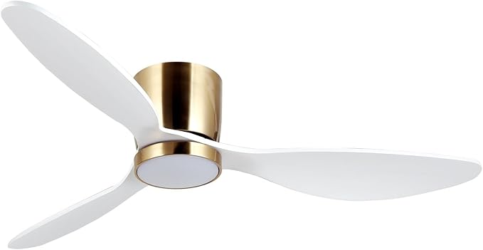 reiga 52 Inch Flush Mount White Ceiling Fan with Light Remote Control, Quiet DC Motor Low Profile 3 Wood Blade Modern Ceiling Fans for Patio Kitchen Living Room Bedroom - Aura Lighting