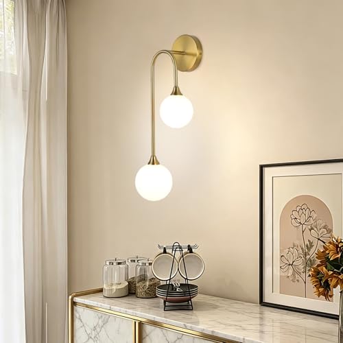 Mid Century Modern Wall Sconce Brushed Gold Milk Glass Sconces with Double Ball Hardwired Wall Light for Bedside Bedroom Bathroom Living Room Corridor G9 Base