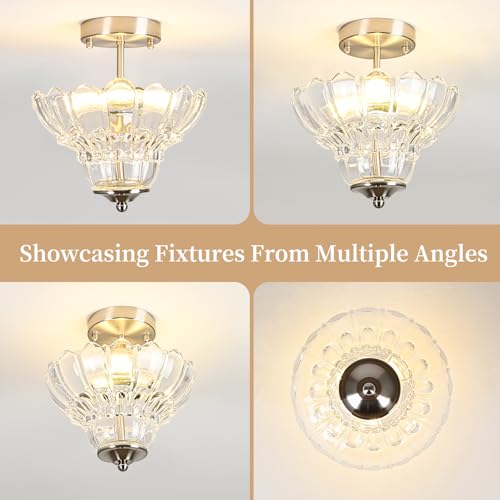 Brushed Nickel Semi Flush Mount Light with Floral Class Shade (Nickel)