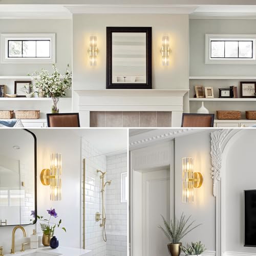 Modern Gold Wall Sconces Set of Two Bedroom Crystal Wall Sconces Indoor Sconces Wall Lighting Living Room Sconces with K9 Crystal Lampshade for Bathroom Hallway Entryway Stairway (2 Count)