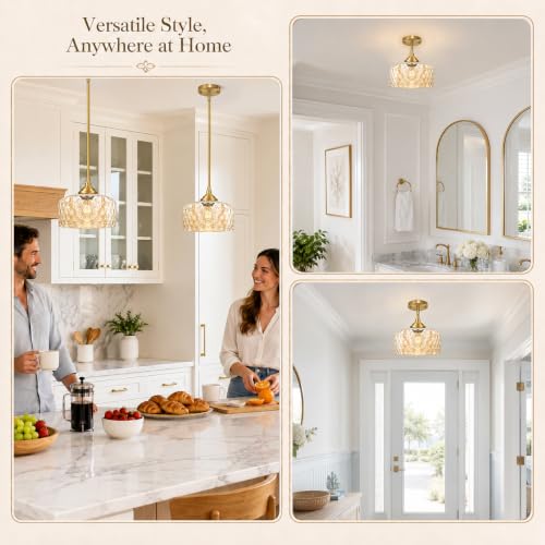 Gold Farmhouse Hammered Glass Kitchen Pendant Lighting Over Island