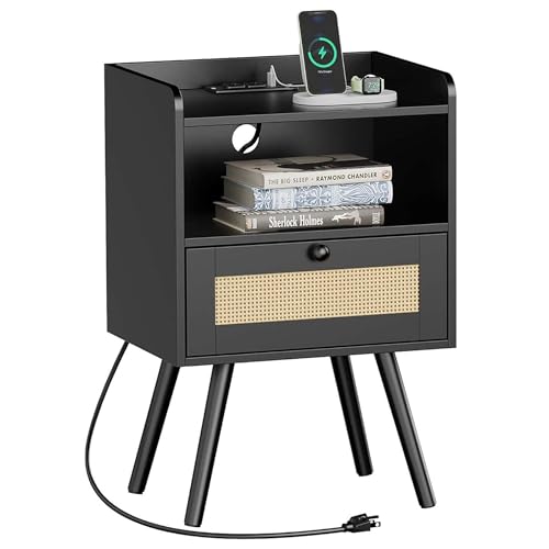 Nightstand with Charging Station & Rattan