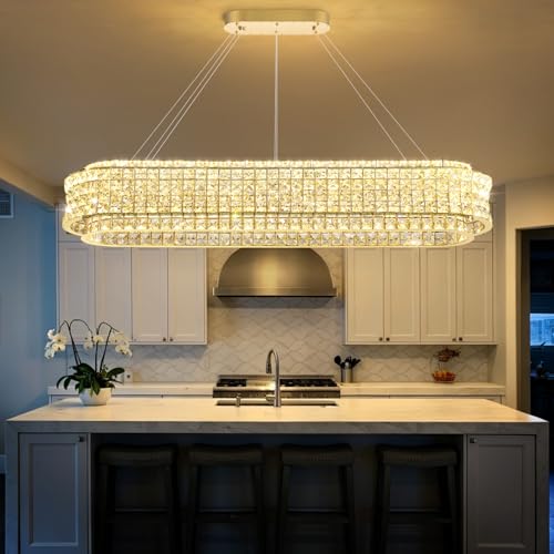 L47 x W12 Modern Chandeliers for Dining Room LED Dimmable Pendant Lighting Ceiling Chandelier Crystal Rectangle Light Fixtures Gold