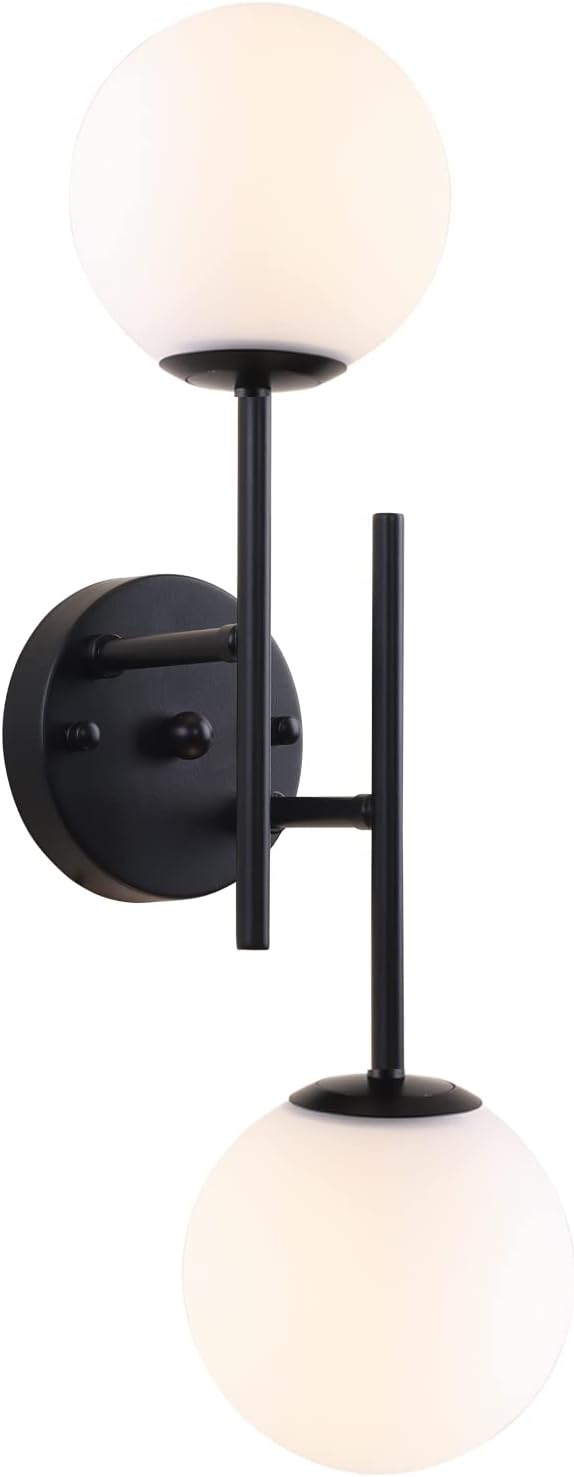 Black Globe Wall Sconces, 2-Light Modern Matte Black Vanity Lights with White Globe Glass Shade, Industrial Farmhouse Wall Lamp for Bedroom, Living Room, Kitchen, Bathroom - Aura Lighting