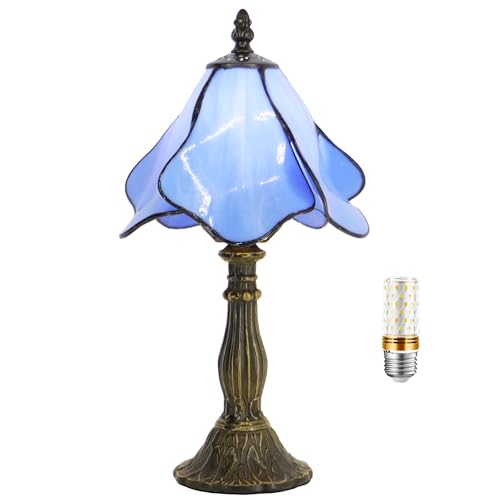 Small Tiffany Table Lamp Blue Morning Glory Style W8H14.5 Inch