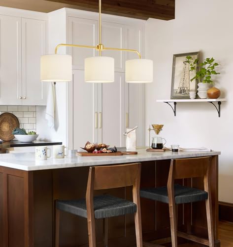 3 Light White Linen Drum Shade Chandelier with Polished Gold Metal Linear Pendant Light Fixture for Kitchen Island