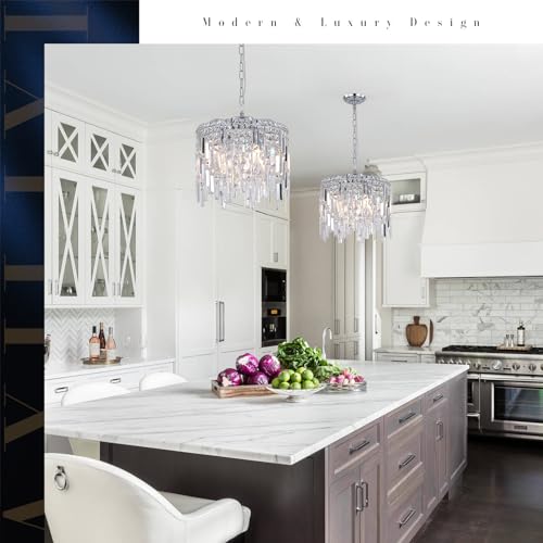 Chrome Crystal Chandelier Small Crystal Pendant Light Fixture 16" Raindrop Flush Mount Hanging Chandelier with Adjustable Chain K9 Crystals 2 Tiers for Kitchen Island Dining Room Bedroom Hallway