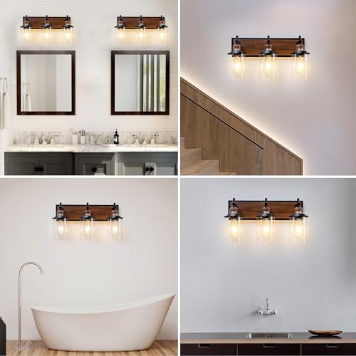 3 Light Farmhouse Bathroom Light Fixtures Vintage Vanity Lights Over Mirror Black and Wood Painted Metal Vanity Light with Glass Shades E26 Socket