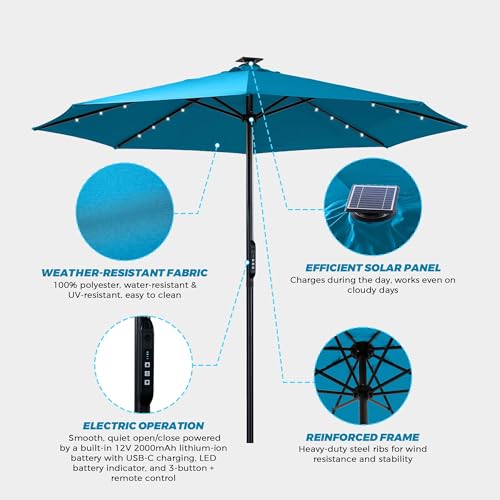 10FT Motorized Patio Umbrella with Solar LED Lights