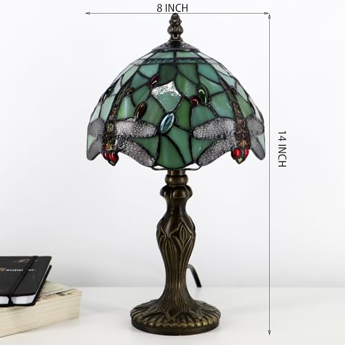 Tiffany Table Lamp Dragonfly Style Grass Green Stained Glass Accent Lamp Bronze Resin Base 8X8X14 Inch