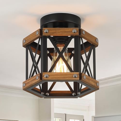 Rustic Farmhouse Wood Flush Mount Ceiling Light Fixture Oak Wood and Metal Hexagon Cage Small Semi Flush Mount Ceiling Light for Kitchen Hallway Entryway Bedroom Farmhouse Country (Small 1 light)