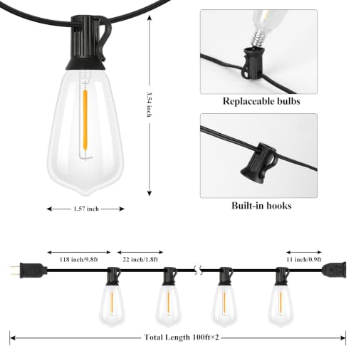 200FT Outdoor String Lights 104 Bulbs