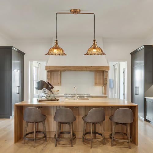 Vintage 2 Light Pendant Light Fixtures Modern Brown Glass Hanging Lighting with Adjustable Cord for Kitchen Island Dining Room Living Room Hallway (2 Count)