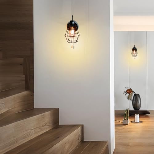 Pull Chain Wall Sconce Black Wire Cage Lamp Shade