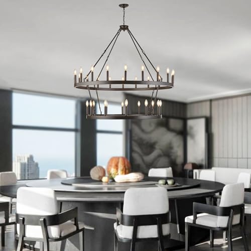 Rustic Farmhouse Wagon Wheel Chandelier Oil Rubbed Bronze Large Chandeliers for High Ceilings Kitchen Table Lighting 2 Tier 32 Lights 50 Inch for Dining Room Kitchen Island