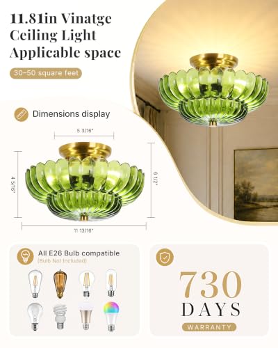 Semi Flush Mount Ceiling Light Fixture 11.8" Vinatge Gold Ceiling Lights Mid Century Modern Green Glass Close to Ceiling Lighting Fixtures for Bedroom Hallway Foyer Bathroom Kitchen Entryway (3 Count)