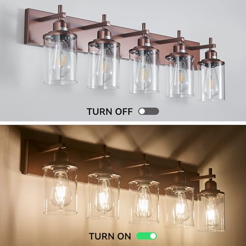 5 Light Bronze Bathroom Light Fixtures Over Mirror