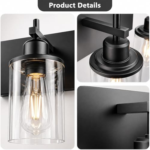 3 Light Black Bathroom Light Fixture Over Mirror Modern Farmhouse Bathroom Vanity Light Vintage Wall Lighting with Clear Glass Shade for Bathroom (3 Count)