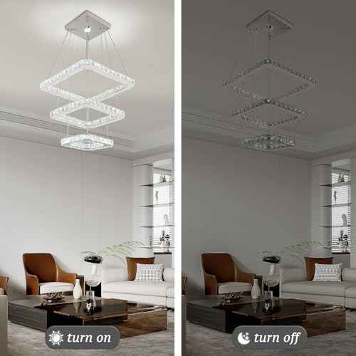 Modern Crystal Chandelier LED Ceiling Light, Square 3-Ring Height Adjustable 47W K9 Crystal Pendant for Dining Room, Living Room, Bedroom, Foyer, Cool White 6000K