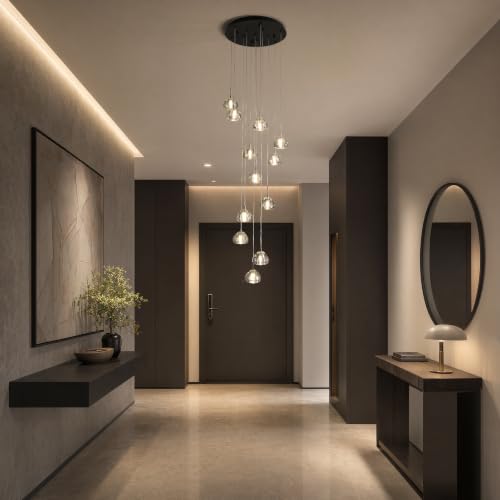 Modern LED High Ceiling Chandelier,12-Light Fixture Crystal Hanging Lamp Dining Room Dimmable Adjustable Luxury Pendant Lights for Living Dinning Room Hallway Foyer Staircase Entryway