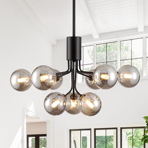 9 Light Smoked Glass Chandelier Globe Sputnik Chandeliers Dia 26.7''
