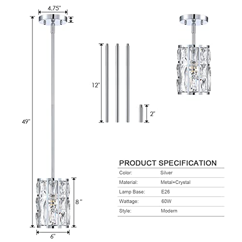 Modern Crystal Pendant Light Fixture Chrome Finish Hanging Lighting Crystal Chandelier for Kitchen Island Dinning Room Living Room Hallyway Porch Bedroom Lamp