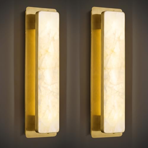 Alabaster Wall Sconces Set of Two Modern LED Wall Lights Natural Spanish Marble 20" Rectangular Wall Sconce Gold Wall Lamps for Bedroom Living Room Hallway Staircase