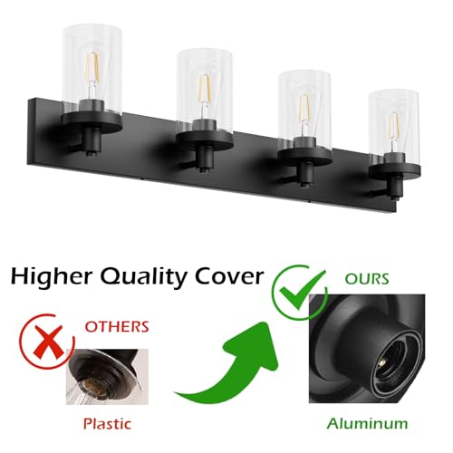 Bathroom Vanity Light Farmhouse 4 Light Matte Black Vanity Lighting Fixtures with Clear Glass Shade